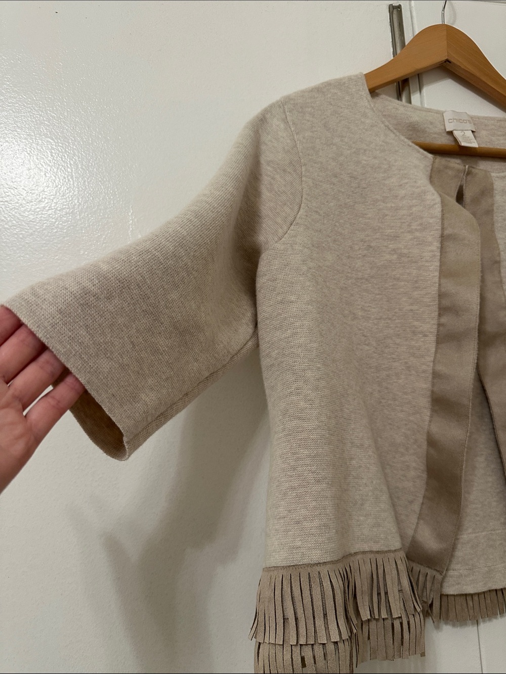 Chico's Neutral Taupe Open-Front Knit Cardigan with Fringe - Picture 4 of 7